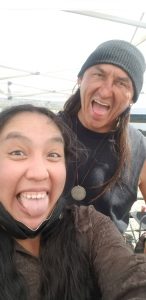 Making silly faces with Eugene Brave Rock on the set of Dark Winds
